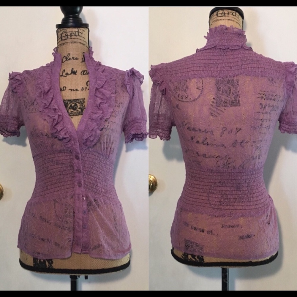 Bebe Purple Ruffle Button Lace Top